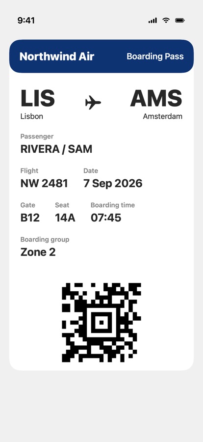 Screenshot of a boarding pass from Lisbon to Amsterdam